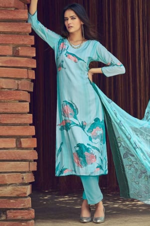 Sky Blue Floral Print Muslin Pant Kameez