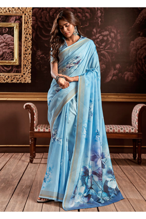 Sky Blue Floral Print Pure Handloom Silk Saree