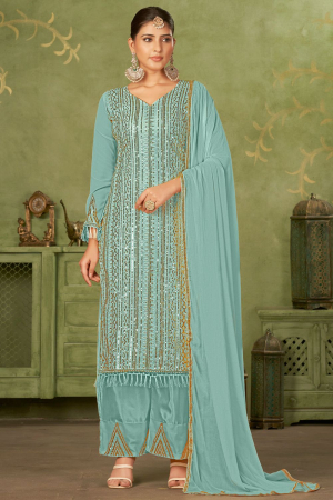 Sky Blue Georgette Embroidered Palazzo Suit