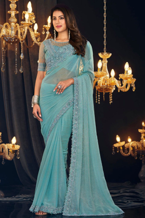 Sky Blue Georgette Zari Shimmer Saree with Embroidered Blouse