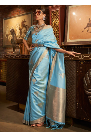 Sky Blue Handloom Weaving Silk Saree