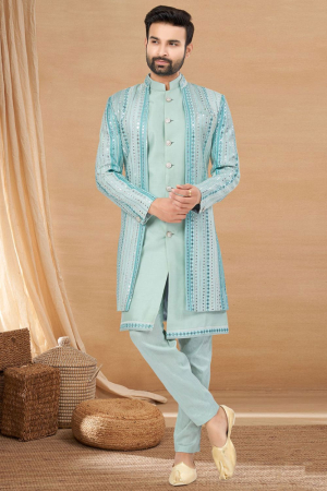 Sky Blue Heavy Art Silk Embroidered Indo Western Outfit