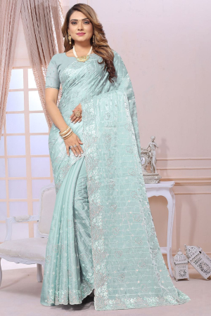Sky Blue Heavy Resham Embroidered Party Wear Saree