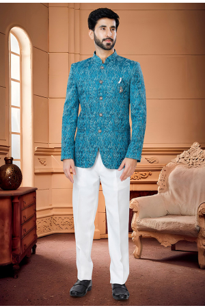 Sky Blue Jacquard Jodhpuri Suit