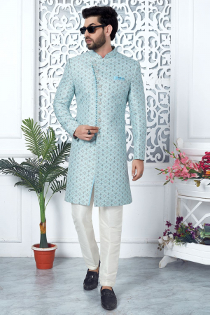 Sky Blue Jacquard Silk Indo Western Outfit