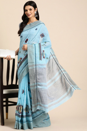 Sky Blue Linen Cotton Thread Embroidered Party Wear Saree
