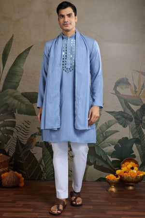 Sky Blue Mirror Embellished Kurta with Dupatta