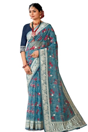 Sky Blue Organza Digital Printed Saree