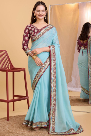 Sky Blue Organza Partywear Saree