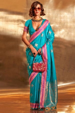 Sky Blue Pure Satin Chaap Handloom Silk Saree