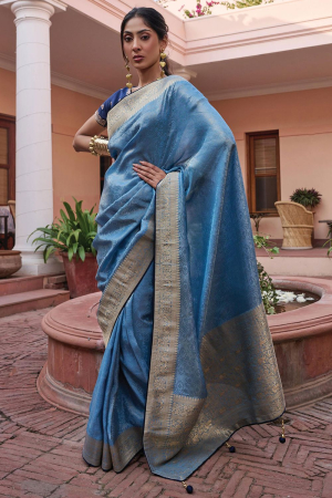 Sky Blue Viscose Saree with Embroidered Blouse