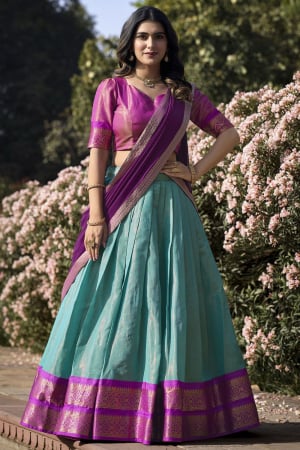 Sky Blue Zari Woven Kanchipuram Silk Lehenga Choli