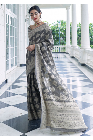 Slate Black Lucknowi Woven Silk Saree