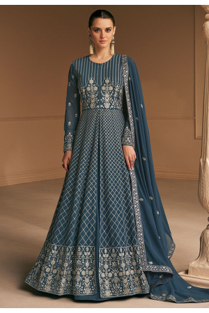Slate Blue Embroidered Georgette Anarkali Suit