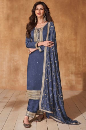 Slate Blue Embroidered Silk Readymade Trouser Kameez