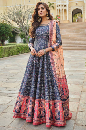 Slate Blue Flared Silk Anarkali Gown with Dupatta