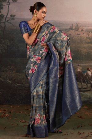 Slate Blue Zari Woven Banarasi Tissue Saree