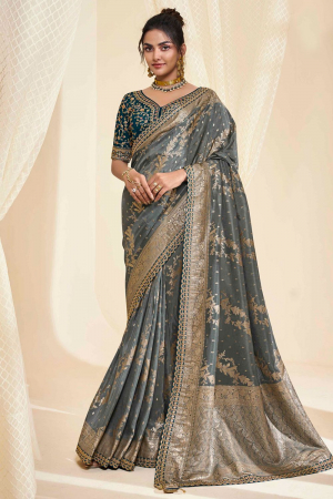 Slate Grey Designer Silk Saree with Embroidered Blouse