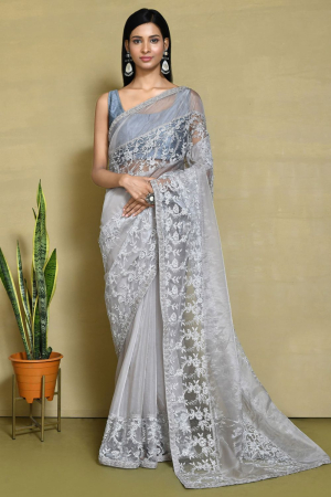 Slate Grey Embroidered Designer Saree