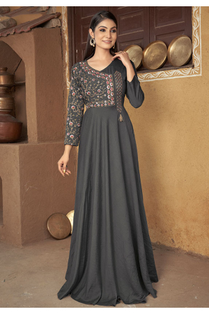 Slate Grey Heavy Muslin Embroidered Gown