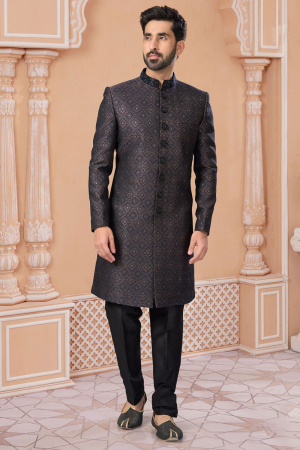 Slate Grey Heavy Wedding Wear Indo Sherwani