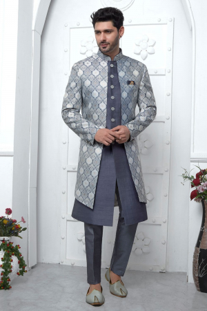 Slate Grey Jacquard Silk 3 Pc Indo Western Outfit