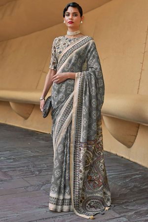Slate Grey Printed Cotton Party Wear Saree