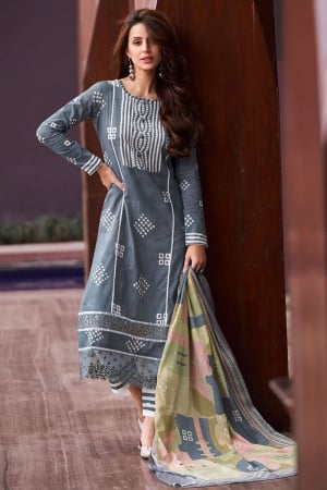 Slate Grey Pure Lawn Cambric Plus Size Suit