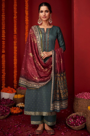 Slate Grey Pure Viscose Satin Embroidered Suit