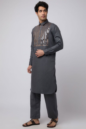 Slate Grey Striped Cotton Pathani Kurta Set