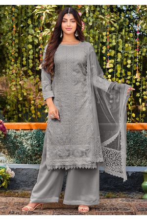 Smoke Grey Embroidered Faux Georgette Palazzo Kameez