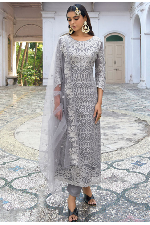 Smoke Grey Embroidered Faux Georgette Pant Kameez