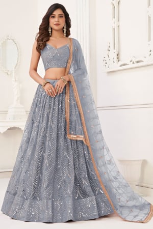 Smoke Grey Embroidered Net Lehenga Choli