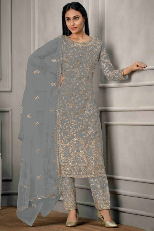 Smoke Grey Embroidered Net Pant Kameez for Festival