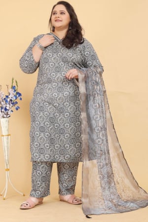 Smoke Grey Printed Viscose Plus Size Suit