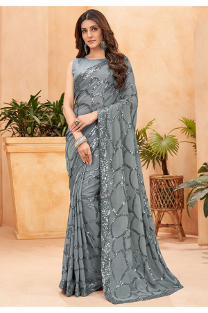 Smoke Grey Sequined Faux Georgette Saree