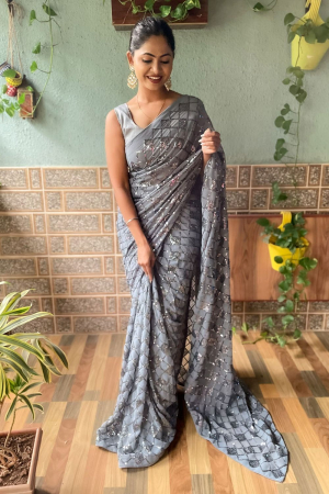 Smoke Grey Sequins Embroidered Georgette Saree