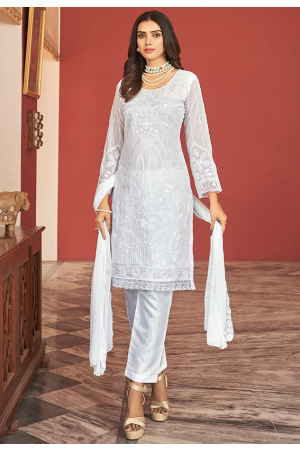 Snow White Embroidered Faux Georgette Pant Kameez