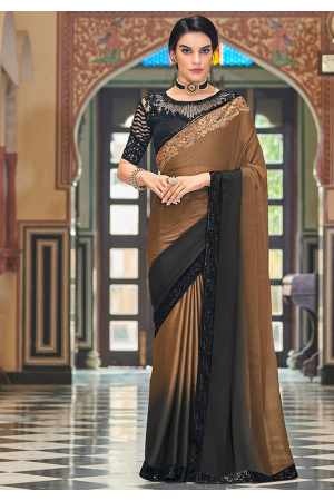 Snuff Brown and Black Saree with Designer Embroidered Blouse