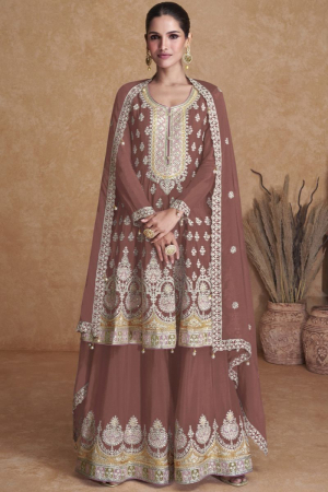 Snuff Brown Embroidered Georgette Sarara Kameez for Ceremonial