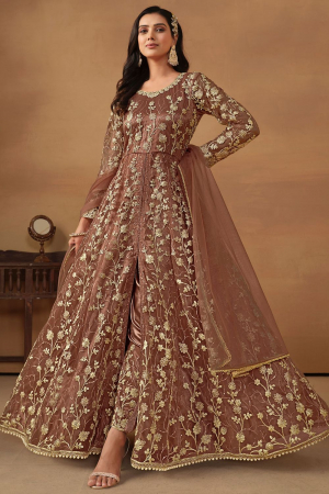 Snuff Brown Embroidered Net Pant Kameez for Ceremonial