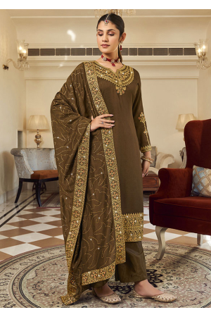 Snuff Brown Embroidered Silk Trouser Kameez