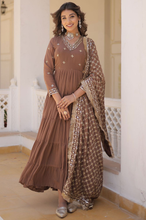 Snuff Brown Flared Faux Georgette Anarkali Gown with Dupatta