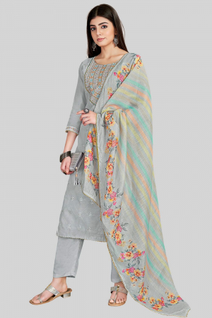 Soft Grey Embroidered Chanderi Silk Pant Kameez