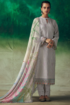 Soft Grey Embroidered Pure Muslin Plus Size Suit