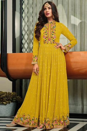 Sonal Chauhan Mustard Embroidered Georgette Anarkali Dress