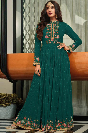 Sonal Chauhan Teal Green Embroidered Georgette Anarkali Dress