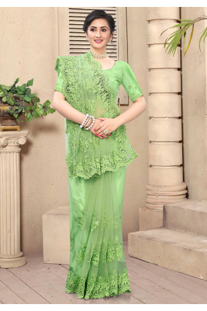 Spring Green Resham Embroidered Net Saree