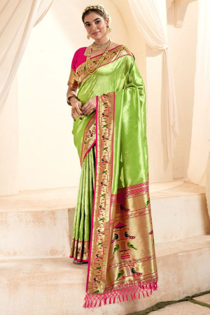 Spring Green Zari Woven Paithani Tissue Silk Saree