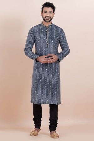 Steel Grey Cotton Silk Jacquard Kurta Set